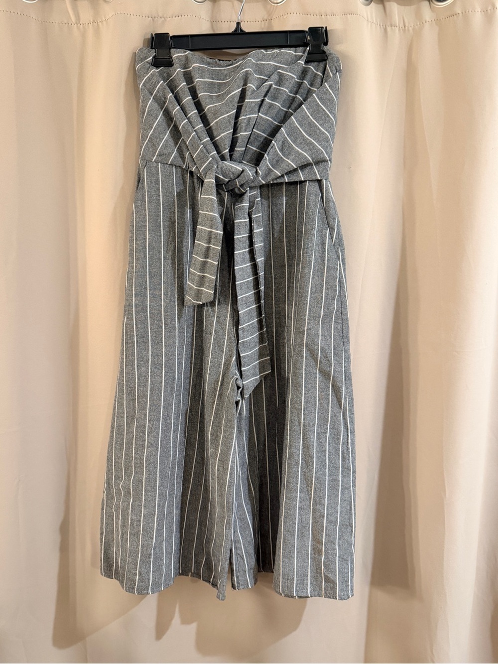 Striped Grey Wide-Leg Tie-Waist Jumpsuit